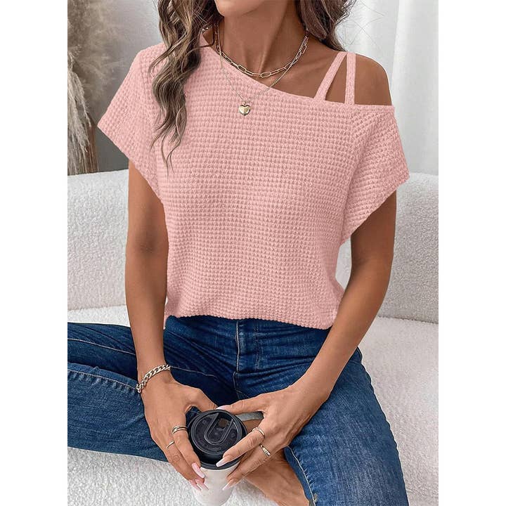 Short Sleeve Color Versatile Off-Shoulder Knit Top AXY048