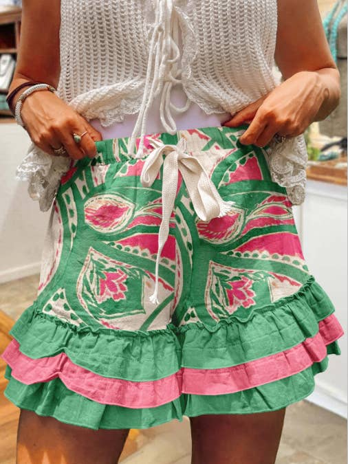 Polka Dots Floral Print Multi-Layer Ruffle Shorts Summer