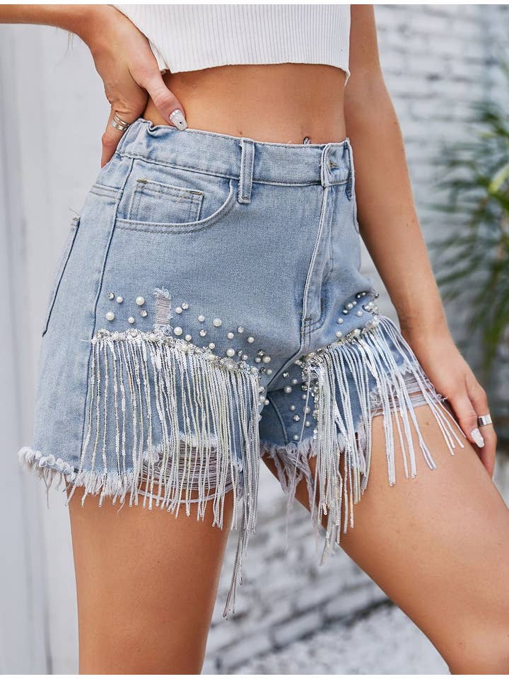 Diamond-Studded Beaded Denim Tassel Shorts