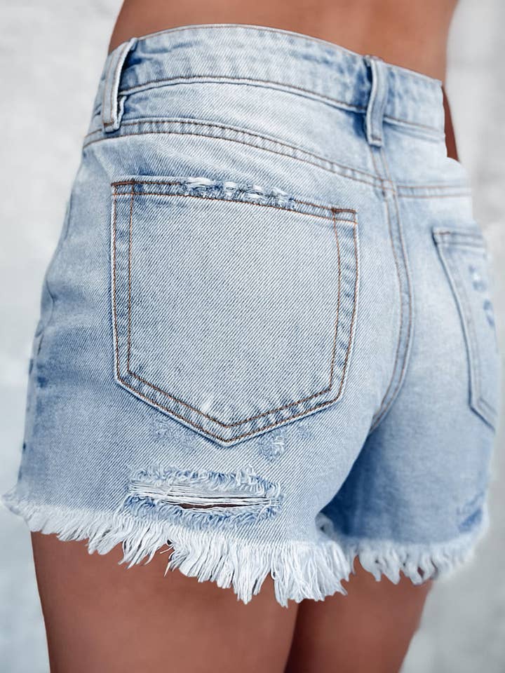 Light Blue Distressed Ripped Raw Hem High Waist Denim Shorts