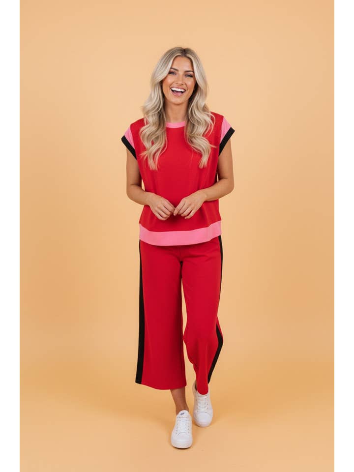 PRETTY BASH Colorblock Top & Wide Leg Pants Set