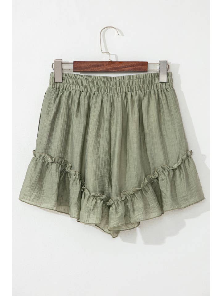 Textured Tie Waist Ruffle Hem Shorts