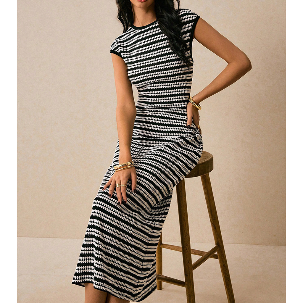 Colorblock Striped Crew Neck Short Sleeve Maxi Dress AXR152