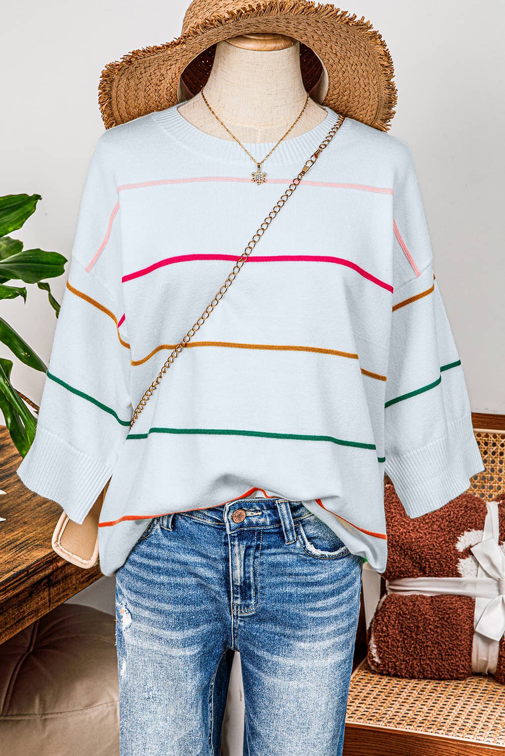 Ldc Colorblock Striped Half Sleeve Drop Shoulder Sweater