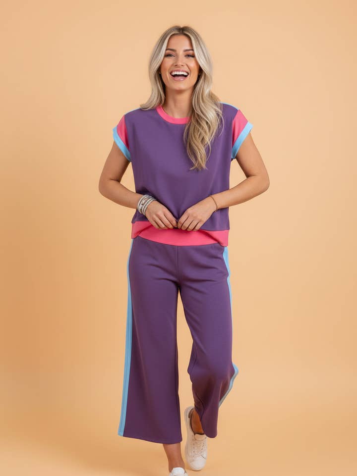 PRETTY BASH Colorblock Top & Wide Leg Pants Set