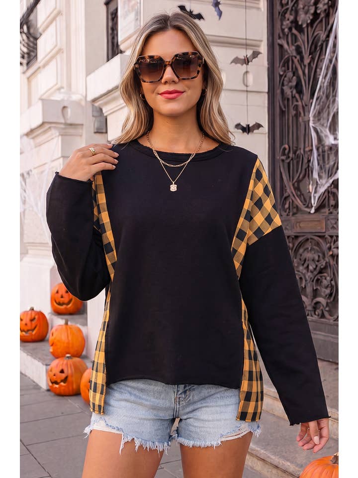 Plaid Pumpkin Face Back Halloween Pullover Top | S-Xl