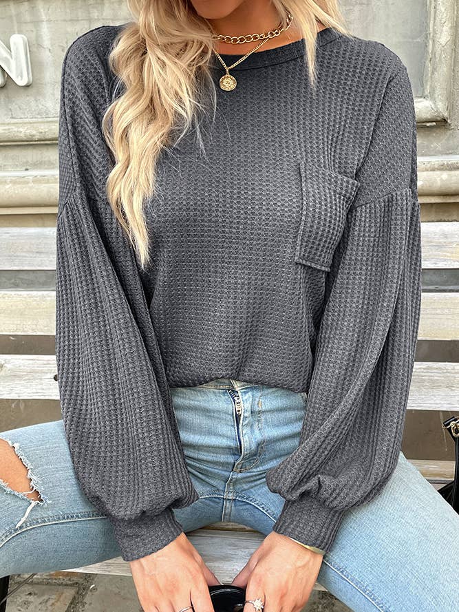 Waffle Knit Crisscross Straps Long Sleeve Blouse BFZY194