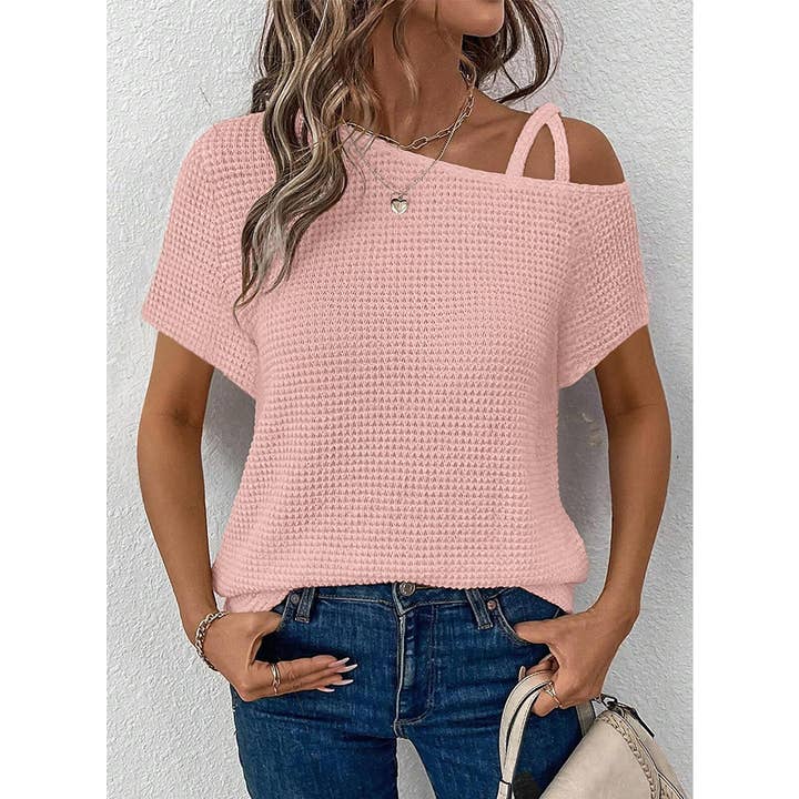 Short Sleeve Color Versatile Off-Shoulder Knit Top AXY048