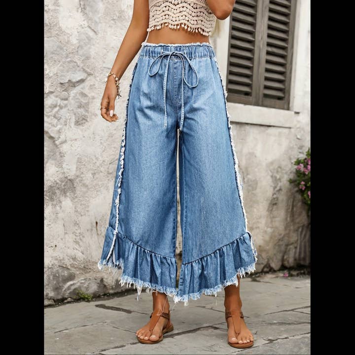 Women's Tie Drawstring Elastic Waist Wide Leg Jeans
