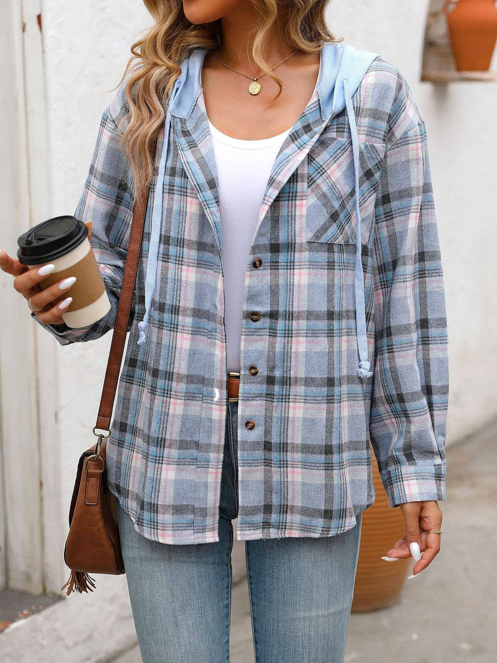 Casual Hooded Colorblocked Plaid Jacket