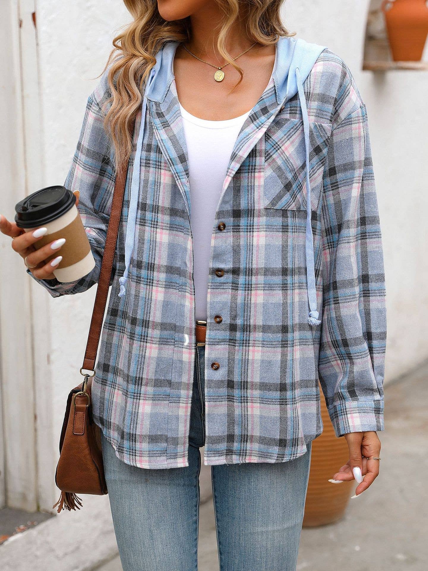 Casual Hooded Colorblocked Plaid Jacket