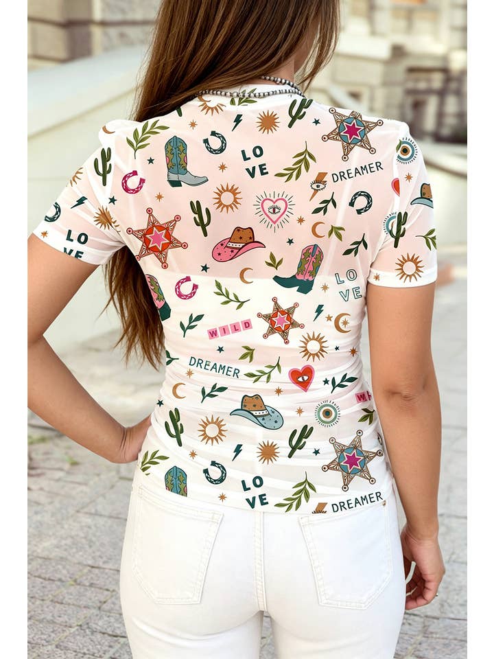 Love Wild Dreamer Western Print Sheer Mesh Top