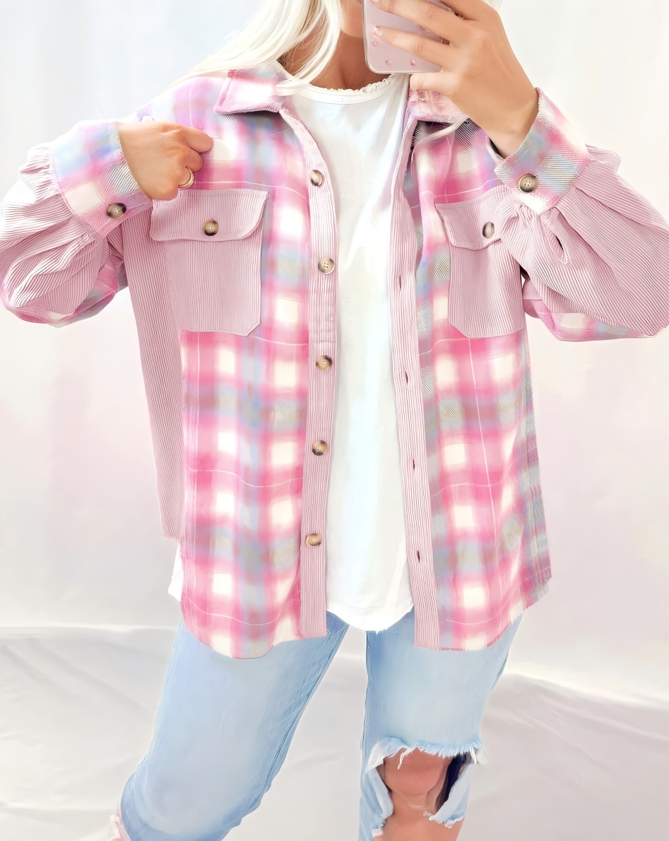 Brushed Plaid Corduroy Flap Pockets Patchwork Shacket