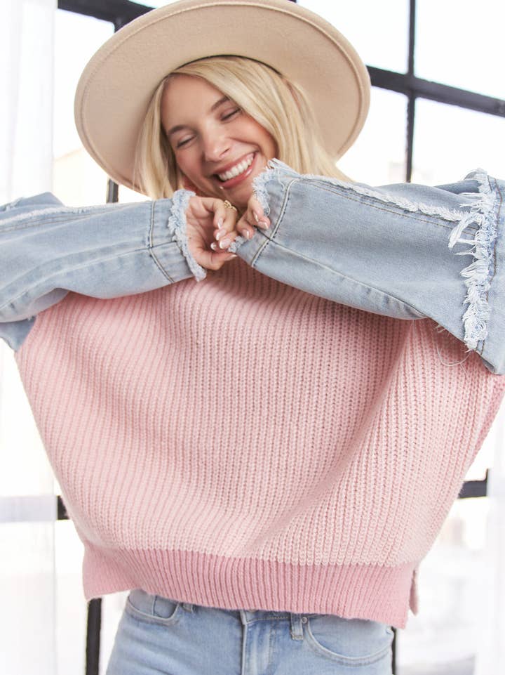 LESW3192 - Frayed Denim Sleeve Sweater Top