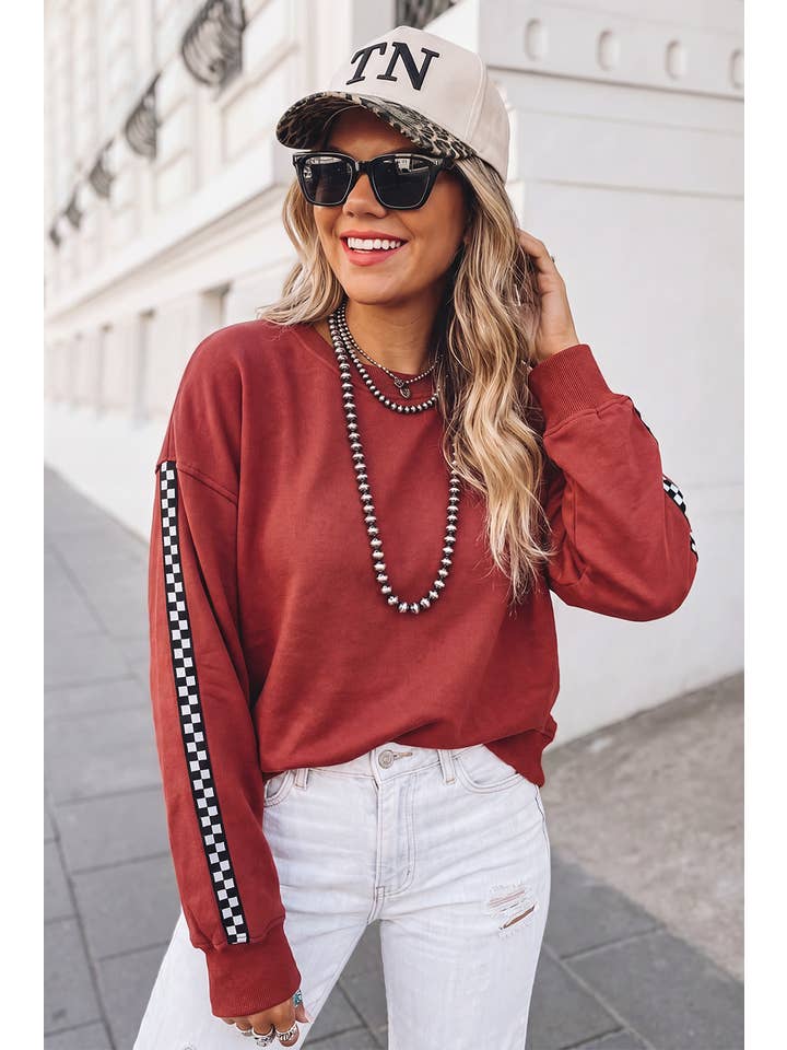 Plaid Print Sold Round Neck Ribbed Cuff Sweatshirt | S-Xl