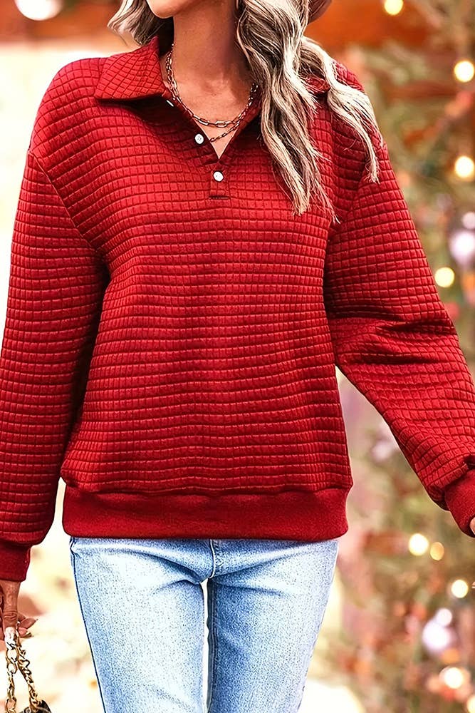 Plain Waffle Knit Collar Button Pullover Sweatshirt ZK955