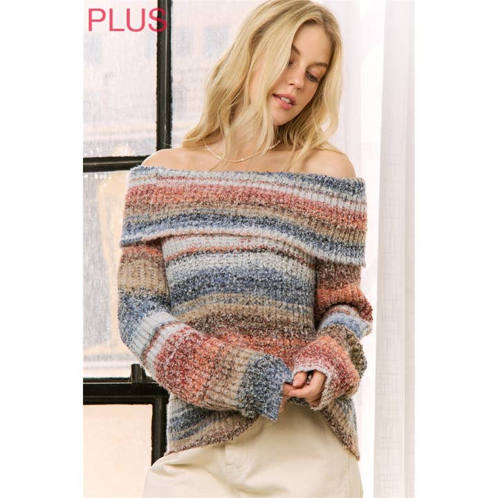 Plus Multi Color Stiped Off Shoulder Pullover Sweater
