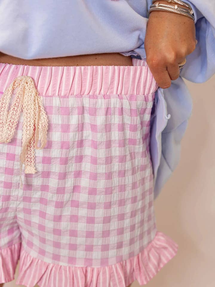 Pink Gingham Print Ruffled Shorts
