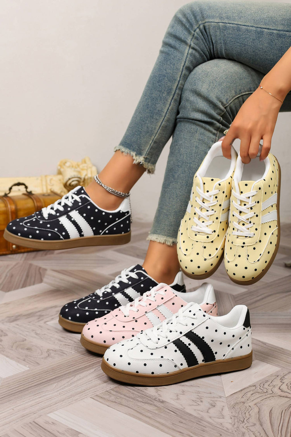 Dot Print Pu Leather Color Block Detail Casual Sneakers