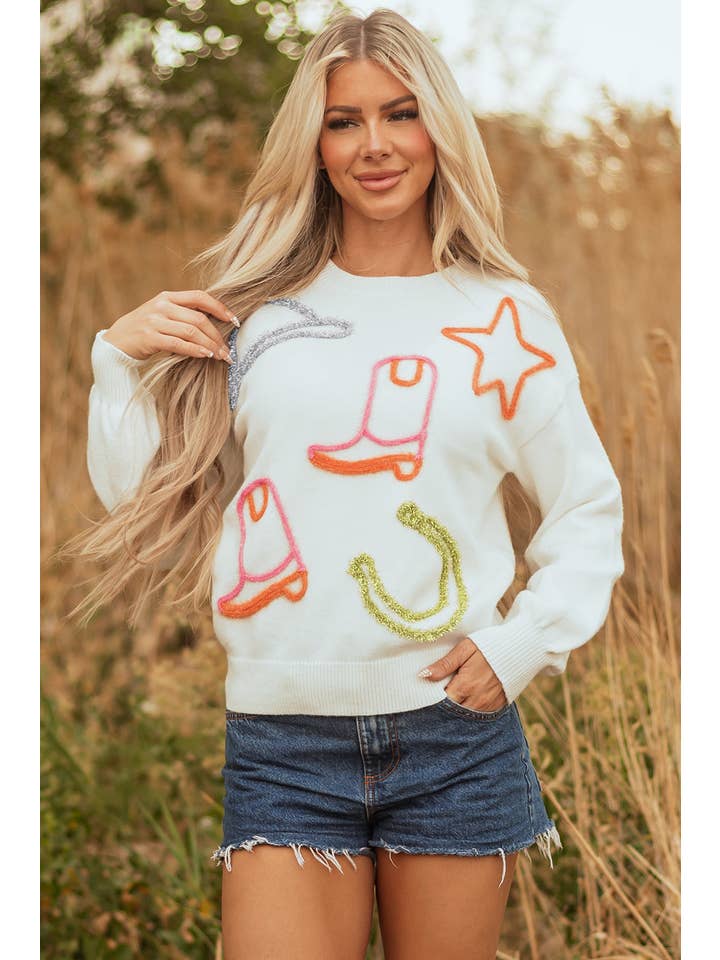 Western Tinsel Boots Crew Neck Sweater