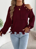 Off-Shoulder Ripped Fringe Pullover Sweater