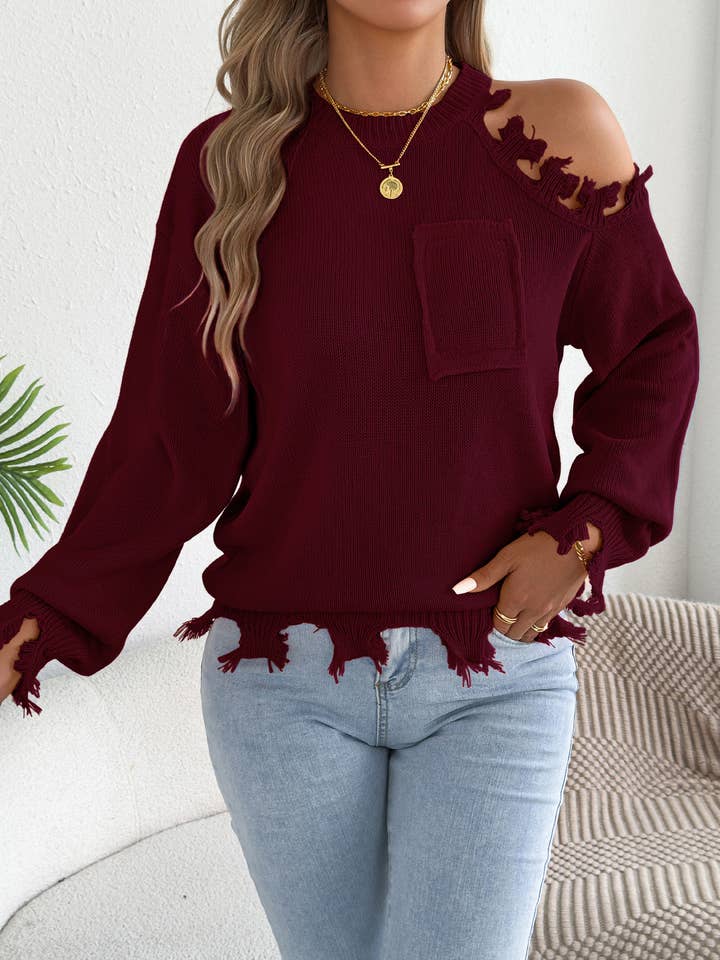 Off-Shoulder Ripped Fringe Pullover Sweater