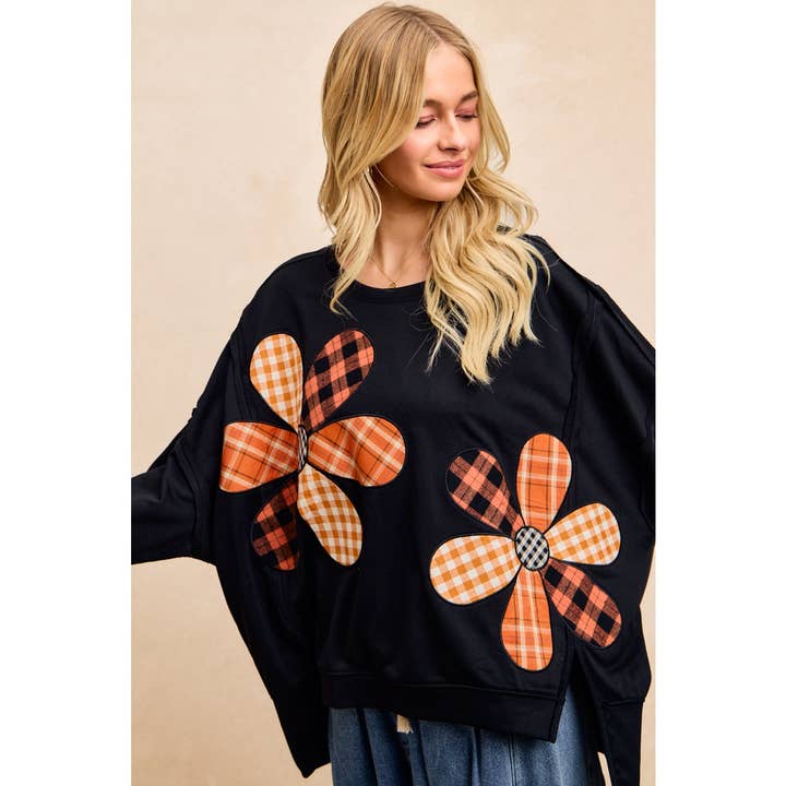 Plaid Mix Flower Patchwork French Terry Sweatshirt