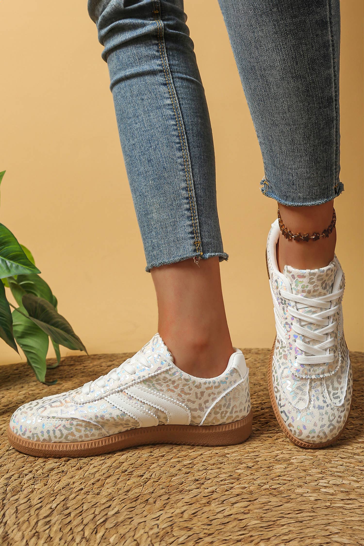 Ldc Leather Detail Shimmer Leopard Printed Lace-Up Sneakers