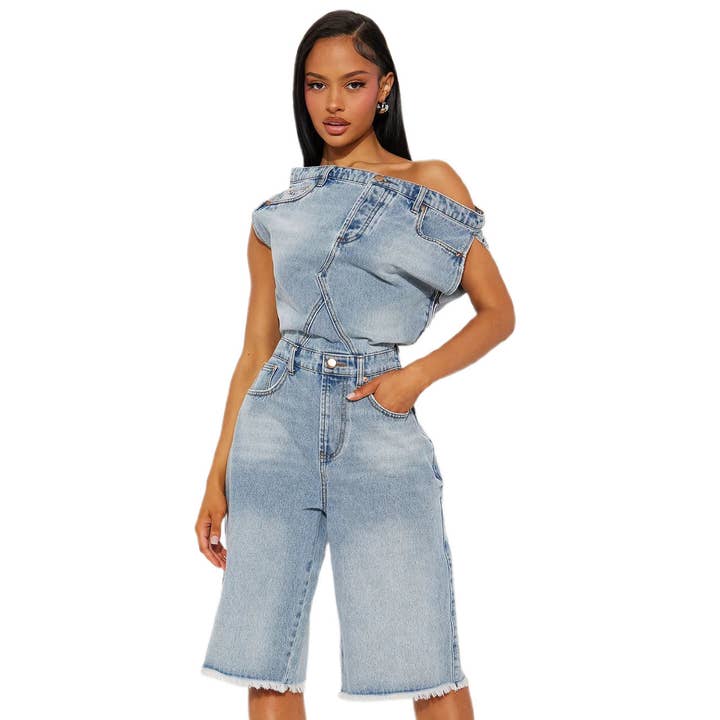 Women Fashion Denim Romper