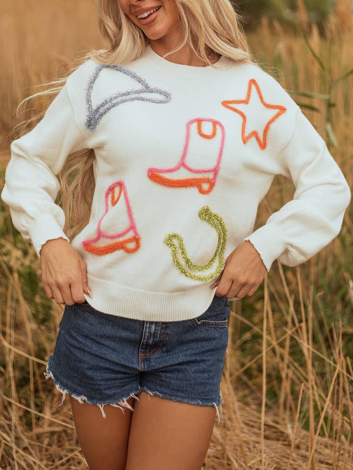 Western Tinsel Boots Crew Neck Sweater