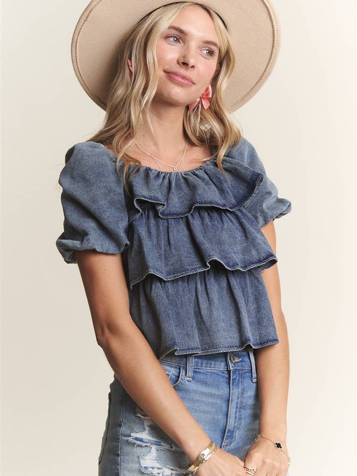Washed Ruffle Blouse Smocking Back- LET3697