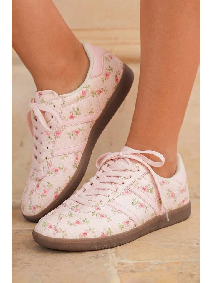 Ldc Floral Print Lace-Up Pu Leather Flat Shoes