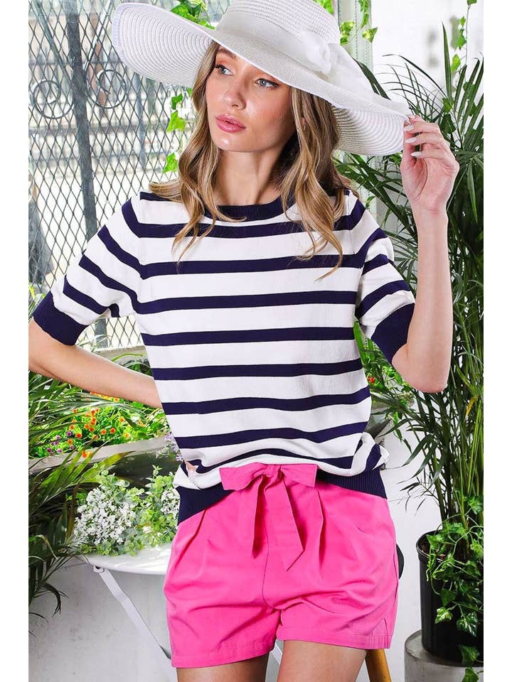 Round Neck Short-Sleeve Lightweight Striped Sweater VT81640-