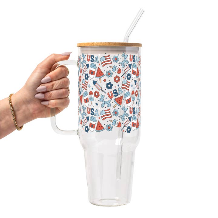 Patriotic Summer Vibes Glass Cup, Mug & Tumbler with Lid and Straw