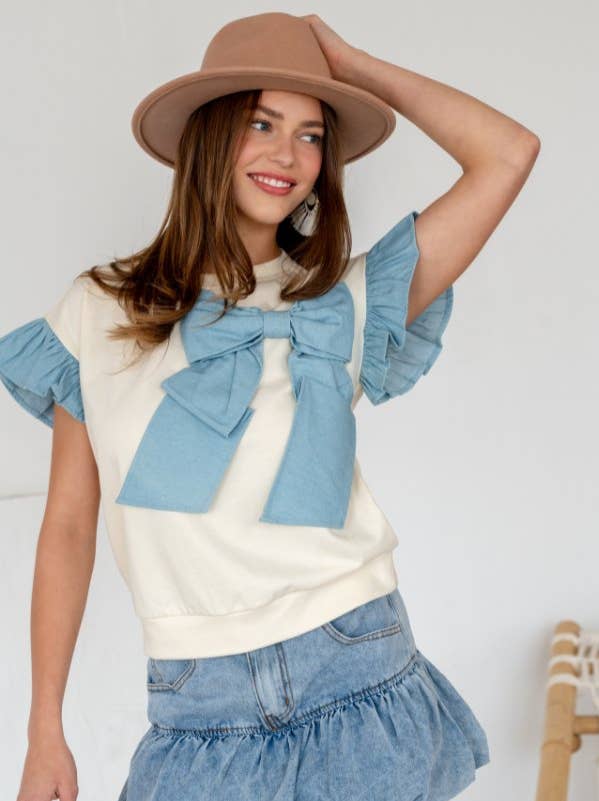 Washed Denim Mixed Bow Ribbon Flutter Top | TR2049-01_B