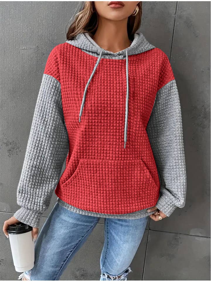 Loose Contrast Textured Pocket Hooded Sweatshirt