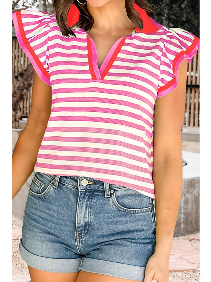 Stripe Contrast Trim Polo Collar Ruffled Sleeve Top (S-Xl)