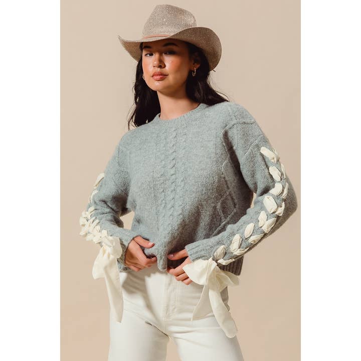 Contrast Lace Up Ribbon Bow Sleeves Cable Knit Top