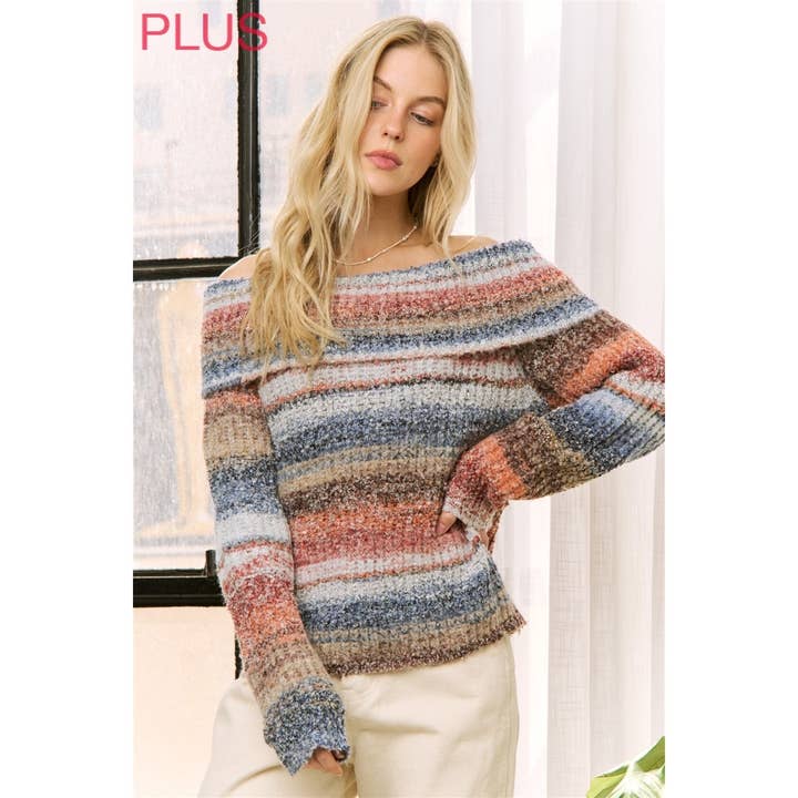 Plus Multi Color Stiped Off Shoulder Pullover Sweater