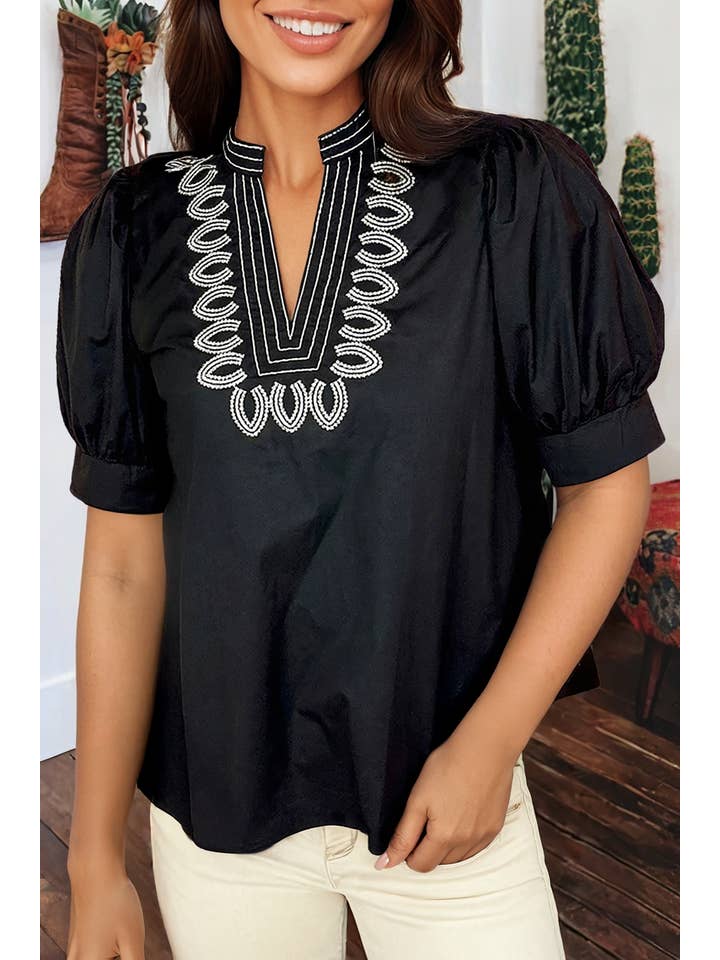Western Puff Sleeve Contrast Embroidered Detail Blouse