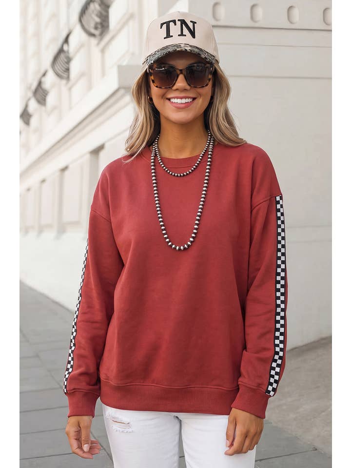 Plaid Print Sold Round Neck Ribbed Cuff Sweatshirt | S-Xl