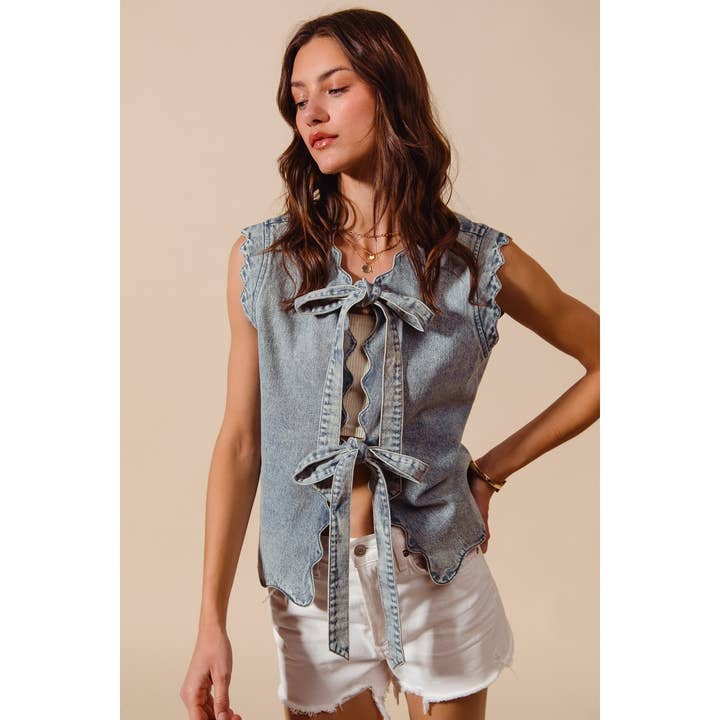 Tie Front Washed Denim Vest Top with Scalloped Edges