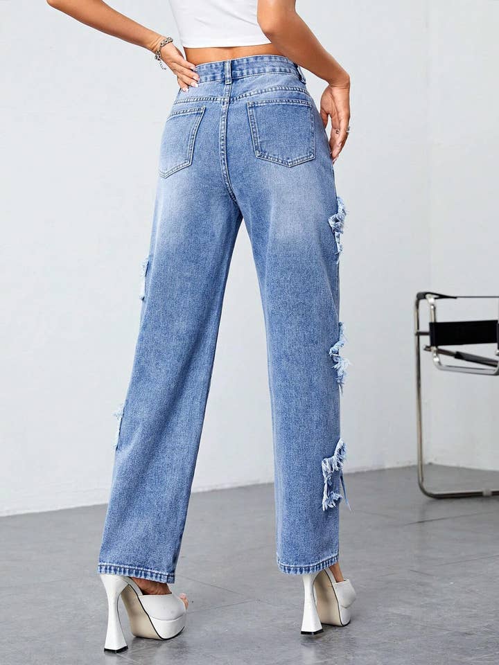 Star Pant Ripped Straight Trousers High Waisted Wash Jeans
