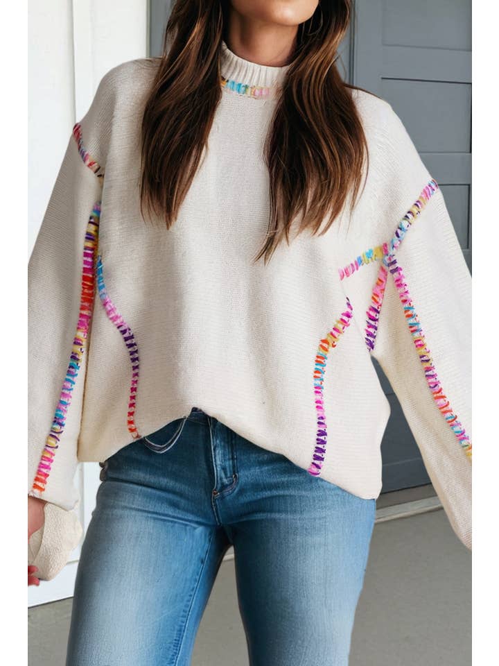 Las Color Block Stitching Bishop Sleeve Sweater (S-Xl)