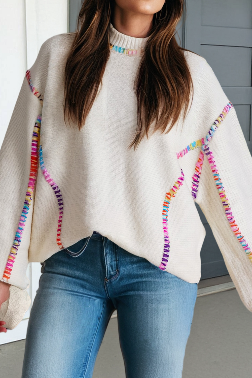 Las Color Block Stitching Bishop Sleeve Sweater (S-Xl)
