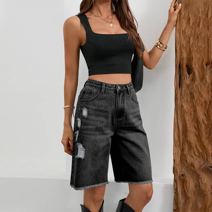 Distressed Frayed Tassel Knee-Length Denim Shorts MN125
