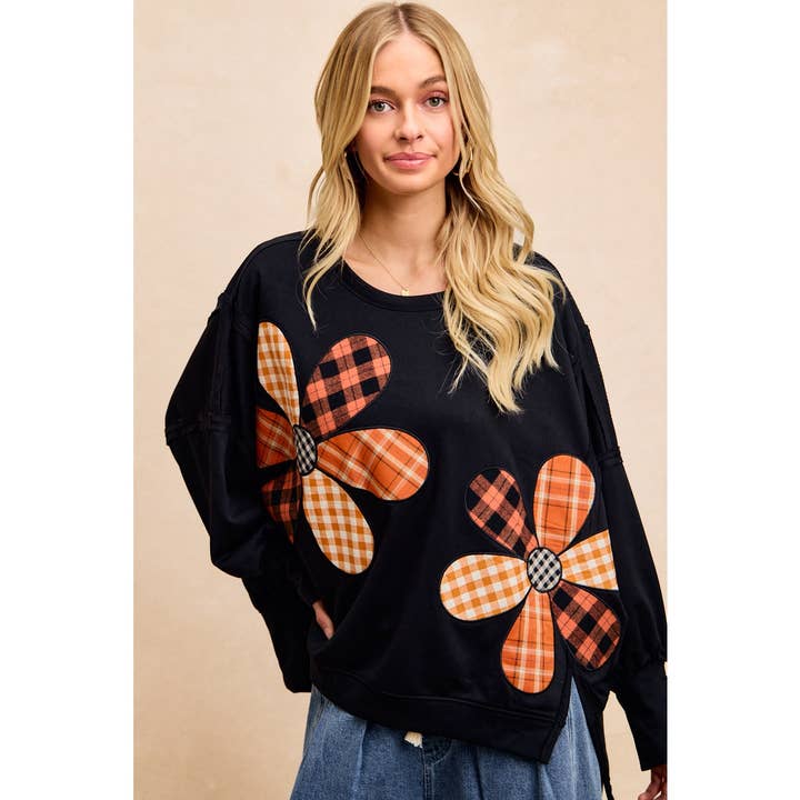 Plaid Mix Flower Patchwork French Terry Sweatshirt