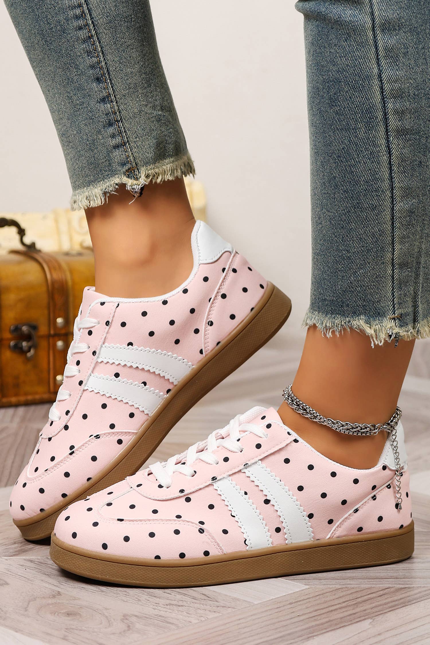 Dot Print Pu Leather Color Block Detail Casual Sneakers