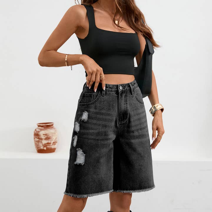 Distressed Frayed Tassel Knee-Length Denim Shorts MN125