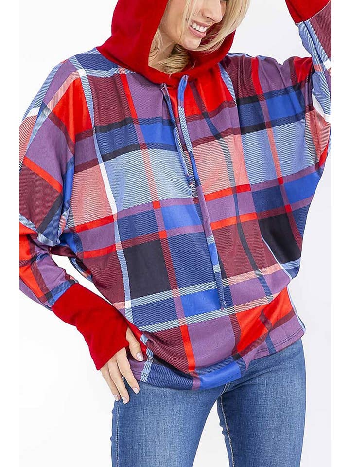Long Sleeve Colorblock Hooded Plaid Top
